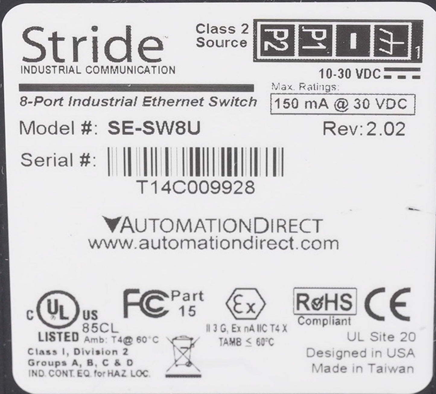 AutomationDirect Stride SE-SW8U 8-Port Industrial Ethernet Switch SESW8U