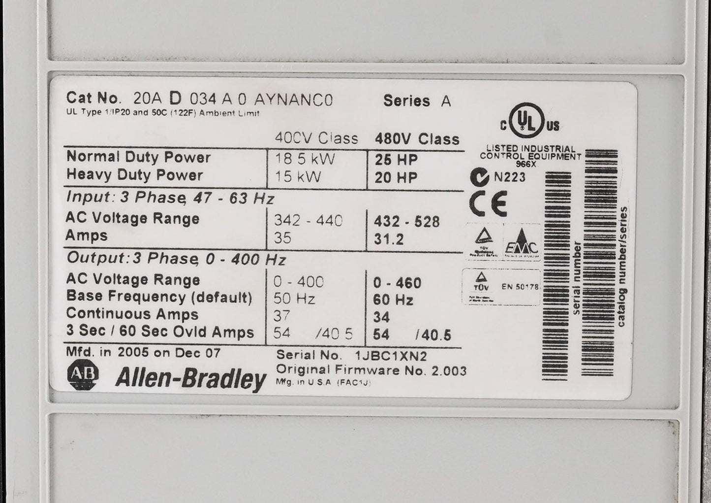 Allen Bradley 20AD034A0AYNANC0 /A PowerFlex 70 AC Drive 480V 3-Phase 25HP