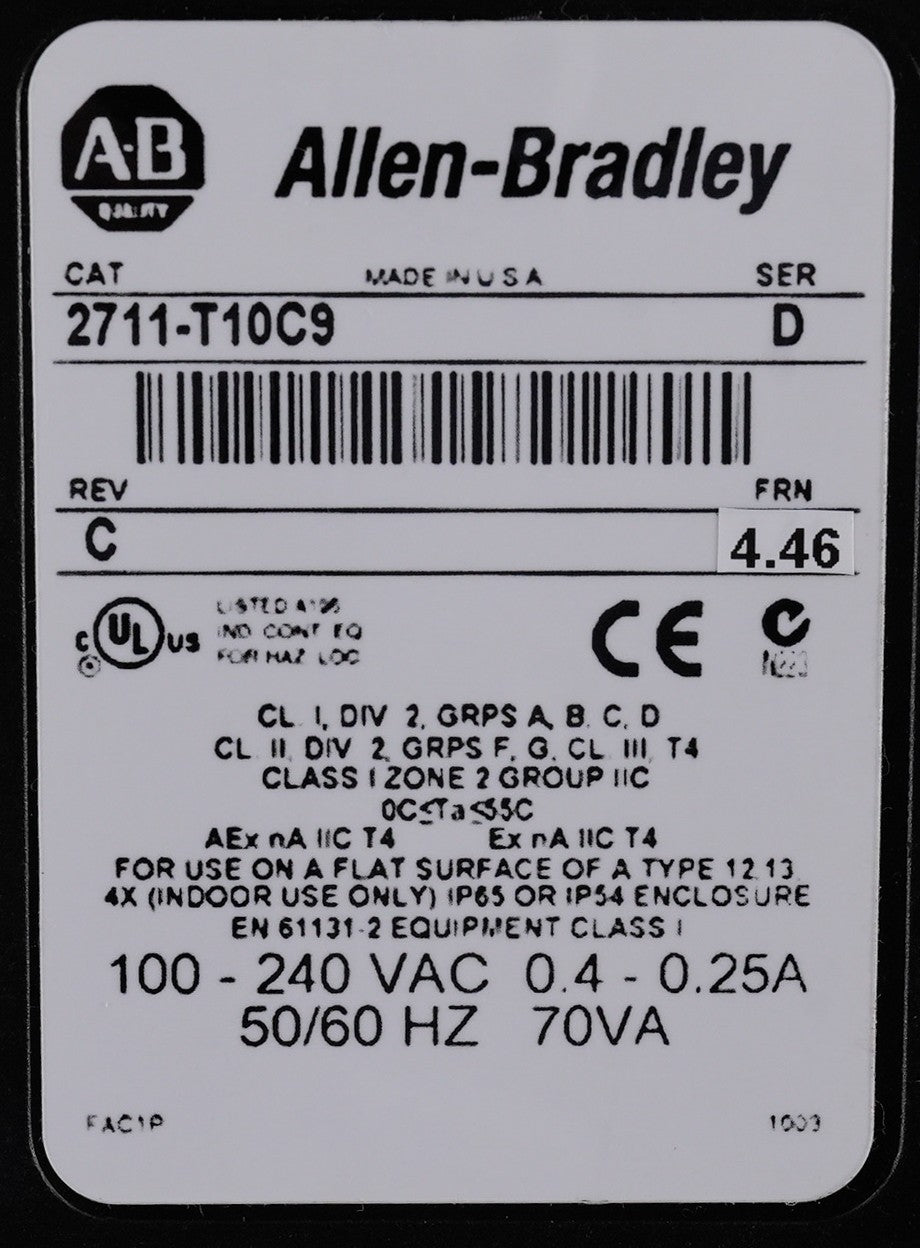 Allen Bradley 2711-T10C9 /D Rev C Panelview 1000 Color Touch Display - Refurb