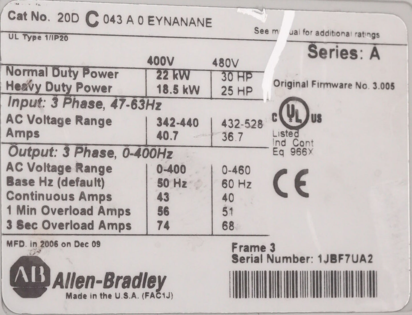 Allen Bradley 20DC043A0EYNANANE /A PowerFlex 700 AC Drive 40A 480V 30HP 3-Phase