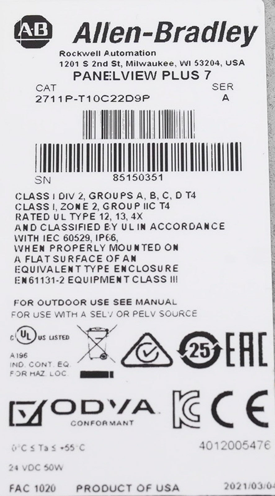 Allen Bradley 2711P-T10C22D9P /A PanelView Plus 7 HMI 2711PT10C22D9P Series A