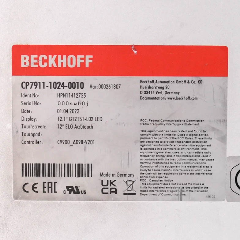 Beckhoff Polaris CP7911-1024-0010 12in Display DVI-E + USB-E 2.0 CP791110240010