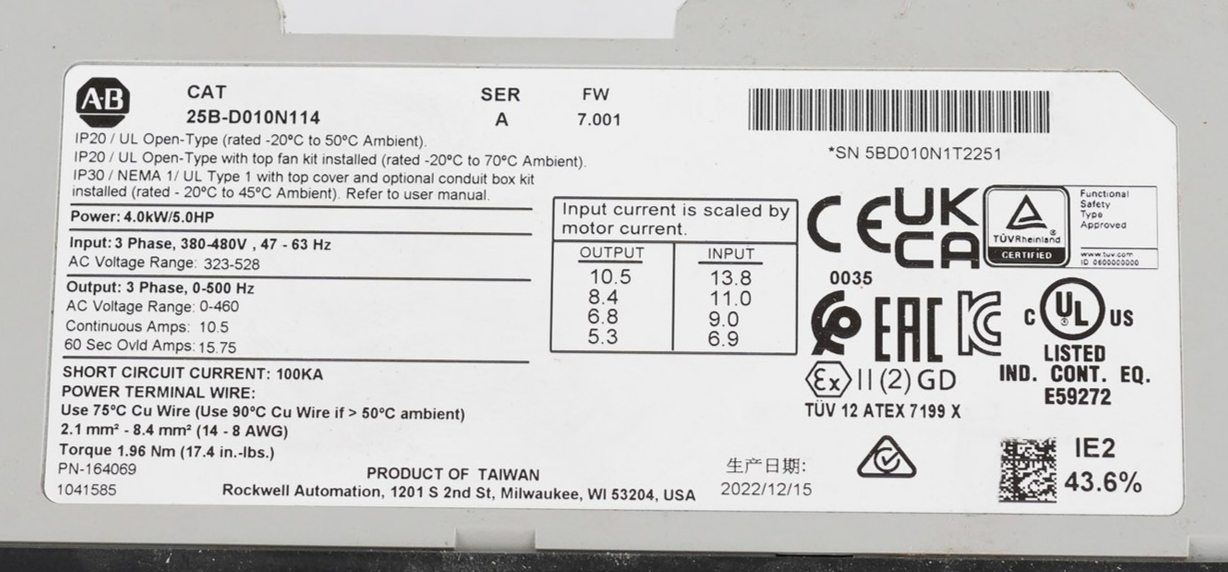 Allen Bradley 25B-D010N114 /A PowerFlex 525 AC Drive 480V 3-Ph 5HP 25BD010N114
