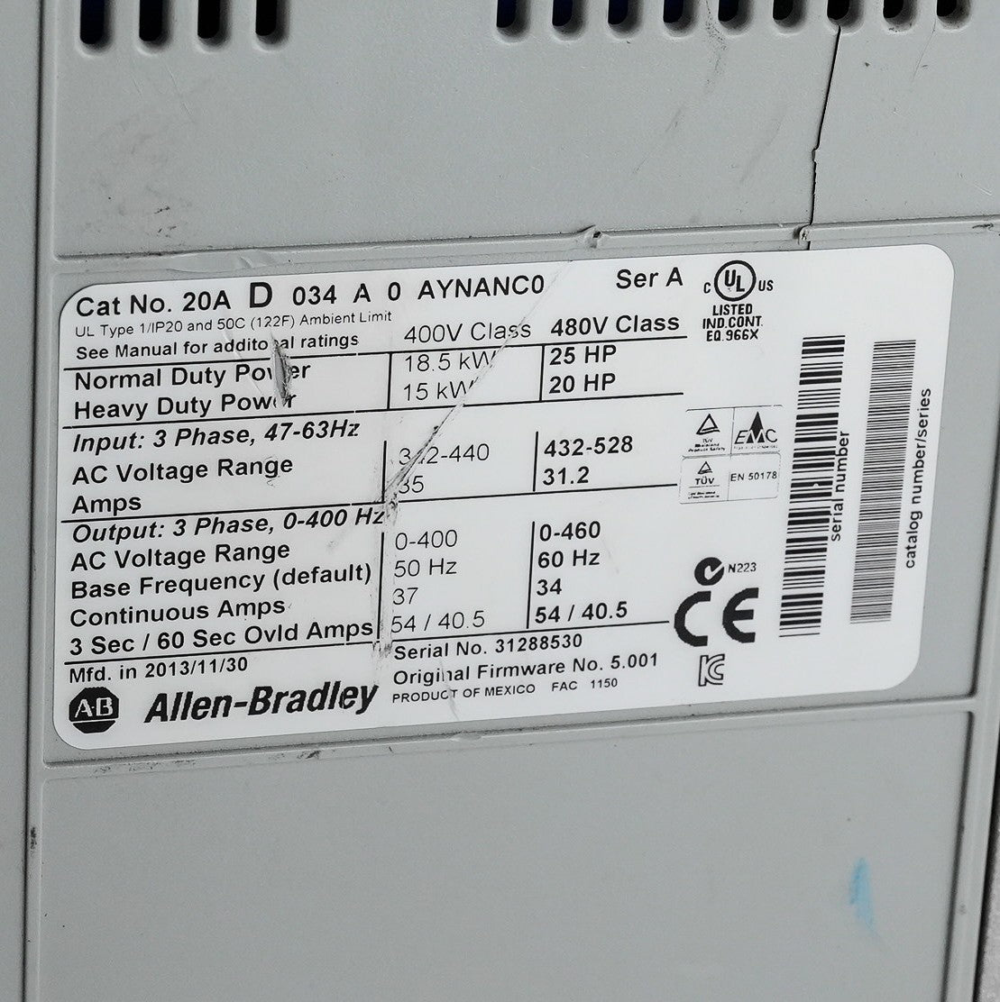 Allen Bradley 20AD034A0AYNANC0 /A Powerflex 70 AC Drive 480VAC 3Ph - Refurbished