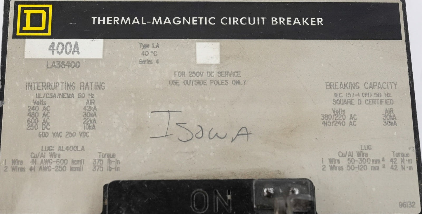 Square D LA36400 Thermal-Magnetic Circuit Breaker 400A