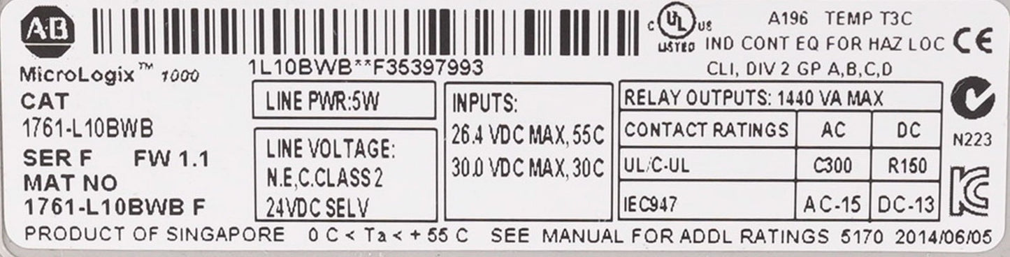 Allen Bradley 1761-L10BWB /F FW 1.1 MicroLogix 1000 PLC Controller 1761L10BWB