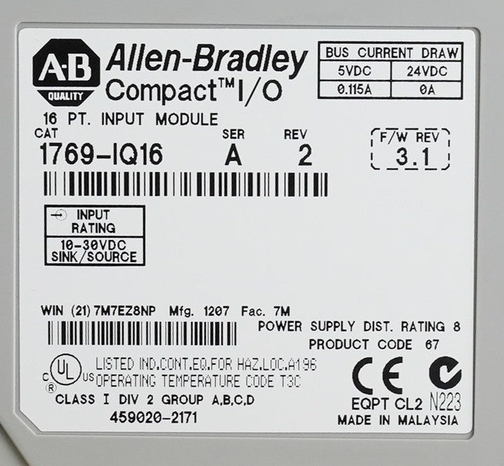 Allen Bradley 1769-IQ16 /A Rev 2 CompactLogix I/O Module 1769IQ16 - Open Box