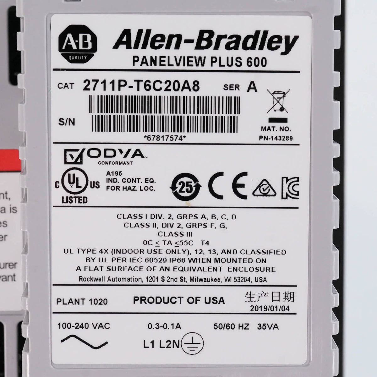 Allen Bradley 2711P-T6C20A8 PanelView Plus 600 Color Touch 100-240 VAC Open Box