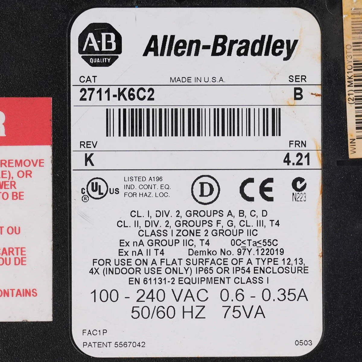 Allen Bradley 2711P-K6C2 /B PanelView Plus 600 Color Keypad HMI 24VDC 2711PK6C2