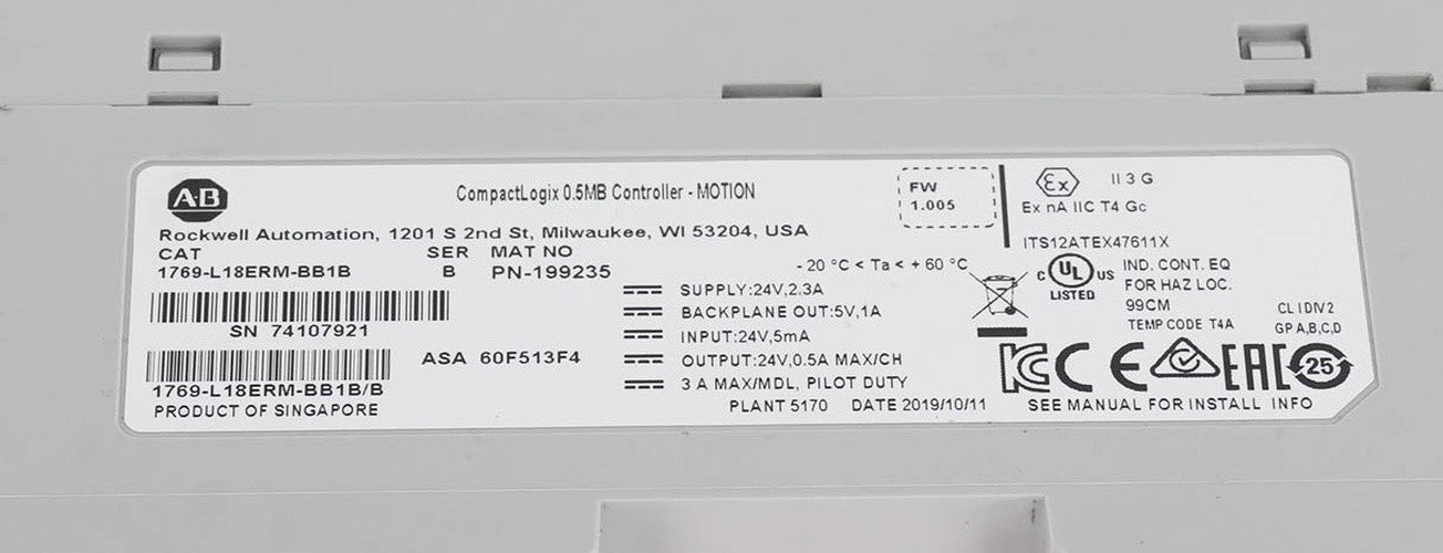 Allen Bradley 1769-L18ERM-BB1B Ser B CompactLogix 0.5MB (retake pictures)