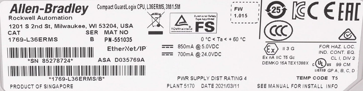 Allen Bradley 1769-L36ERMS /B Compact GuardLogix Safety Controller CPU