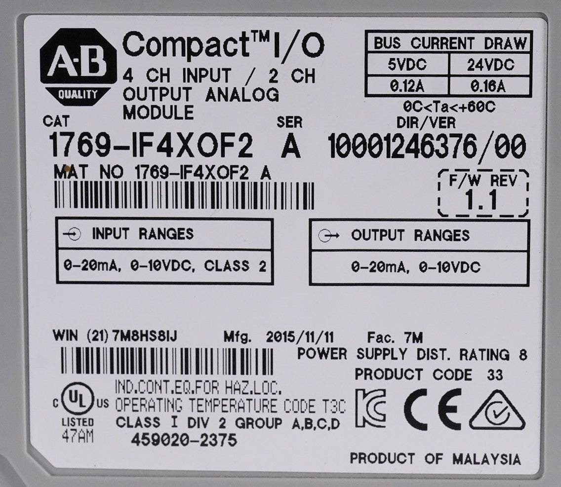 Allen Bradley 1769-IF4XOF2 /A 4-Ch Input 2-Ch Output Analog Module 1769IF4XOF2