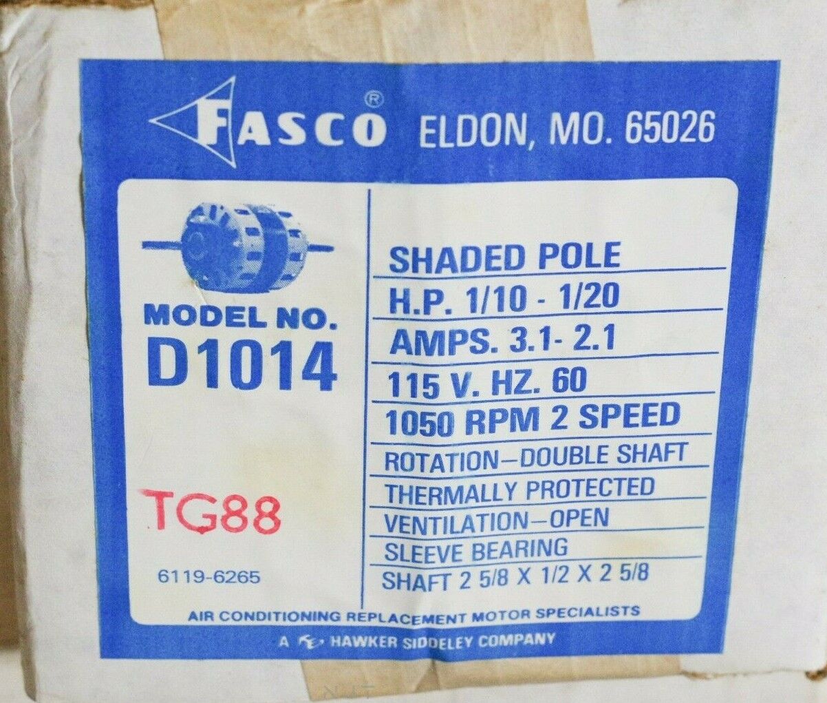 Fasco D1014 Motor 1/10HP 1/20HP OPEN-VEN 1050 RPM 115V 60 HZ 2 SPEED MOTOR