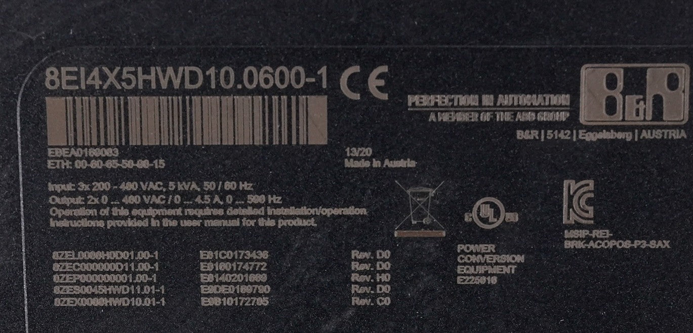 B&R Automation 8EI4X5HWD10.0600-1 ACOPOS P3 Servo Drive 480V 4.5A + Warranty