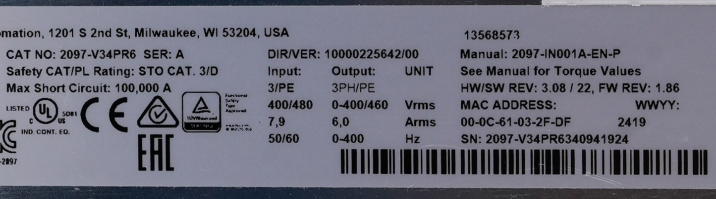 Allen Bradley 2097-V34PR6 /A Kinetix 300 Servo Drive 2097V34PR6 NOS Installed