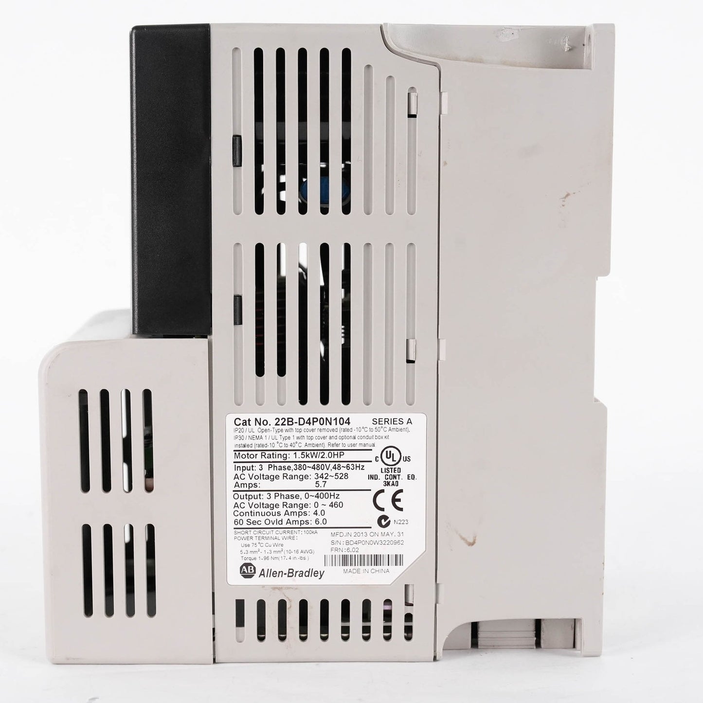 Allen Bradley 22B-D4P0N104 Ser A PowerFlex 40 AC Drive 480V 1.5kW 22BD4P0N104