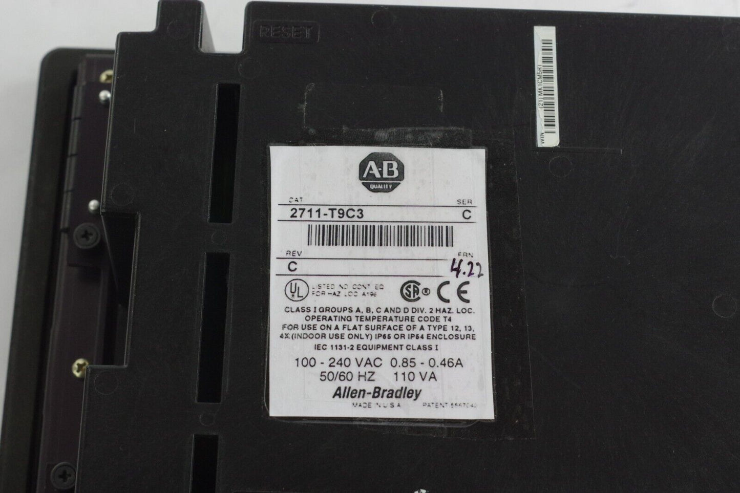 Allen Bradley 2711-T9C3 Ser C Rev C FRN 4.22 PanelView 900 Color Terminal