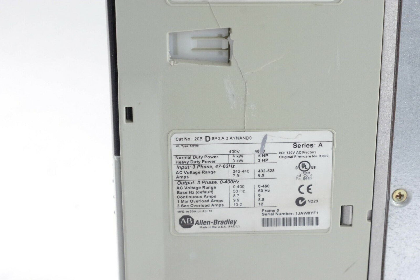 AllenBradley PowerFlex 700 20BD8P0A3AYNAND0 20B-D-8P0-A-3-AYNAND0 5HP Drive 480v