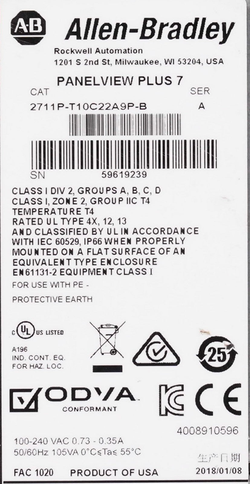 Allen Bradley 2711P-T10C22A9P-B /A PanelView Plus 7 Performance Ser A + Warranty