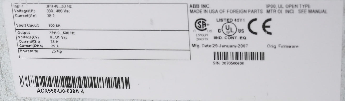 ABB ACX550-U0-038A-4 AC Drive 25HP 480V 38A 100kA ACX550U0038A4