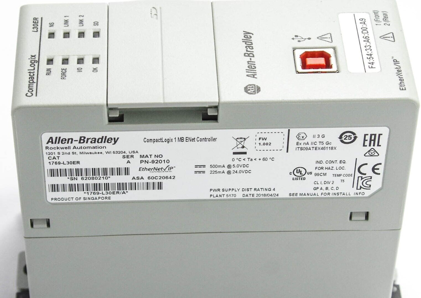 Allen Bradley 1769-L30ER /A CompactLogix 5370 Processor Module +ECR Lightly Used