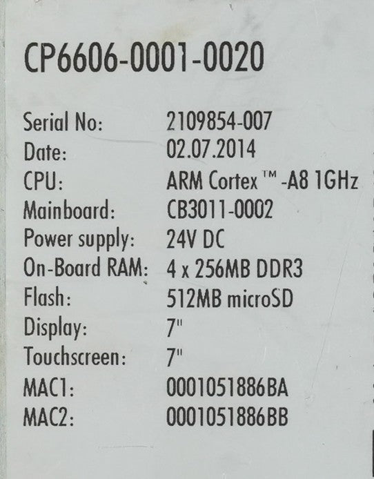 Beckhoff CP6606-0001-0020 HMI Built-In Panel PC Touch Screen 7" 2014 24VDC