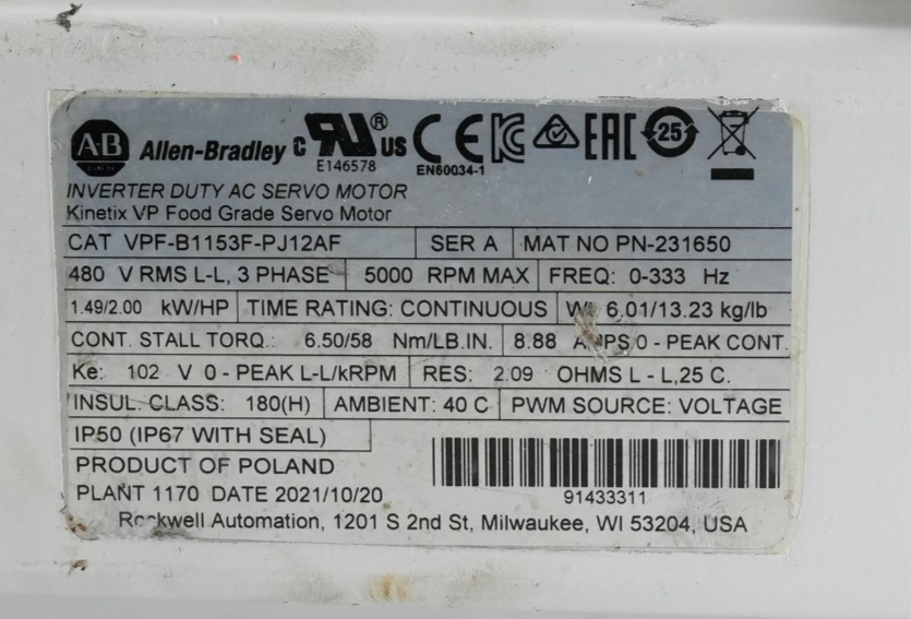 Allen Bradley VPF-B1153F-PJ12AF /A 5000 RPM 480V Inverter Duty AC Servo Motor