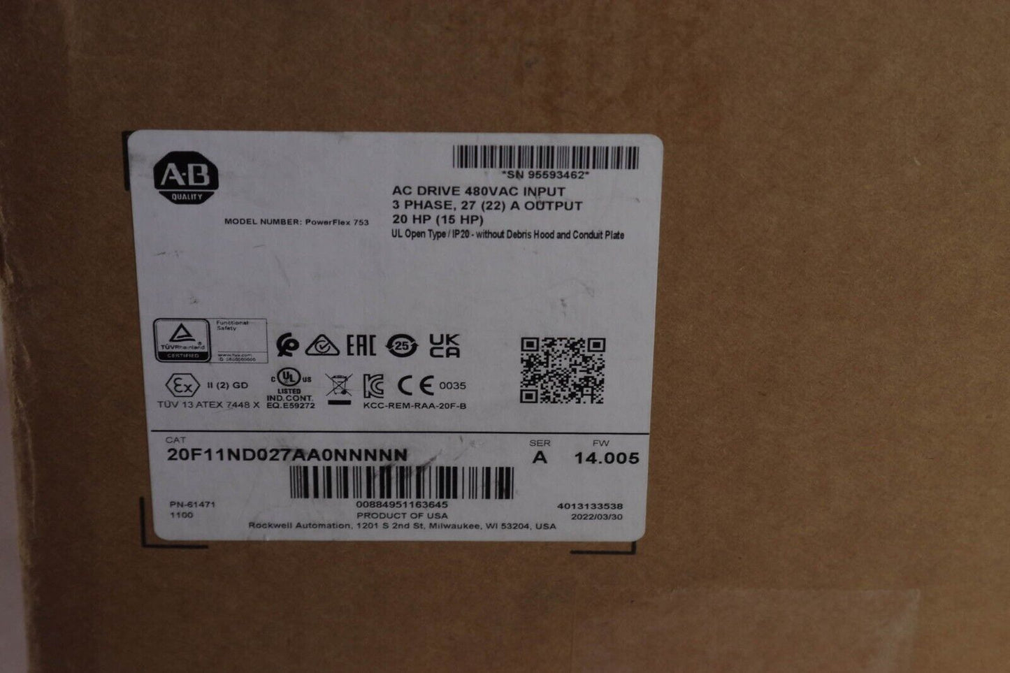 Allen Bradley 20F11 N D 027 AA0NNNNN / 20F11ND027AA0NNNN /A PowerFlex 753 20hp