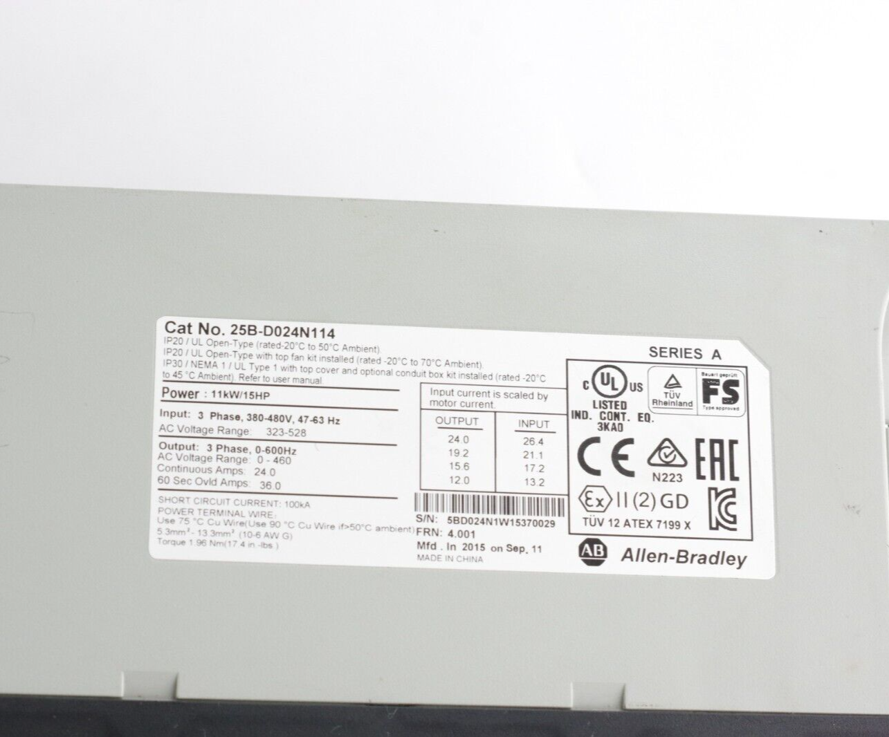Allen Bradley 25B-D024N114 Ser A PowerFlex 525 Drive 3-Phase 380-480V 15hp