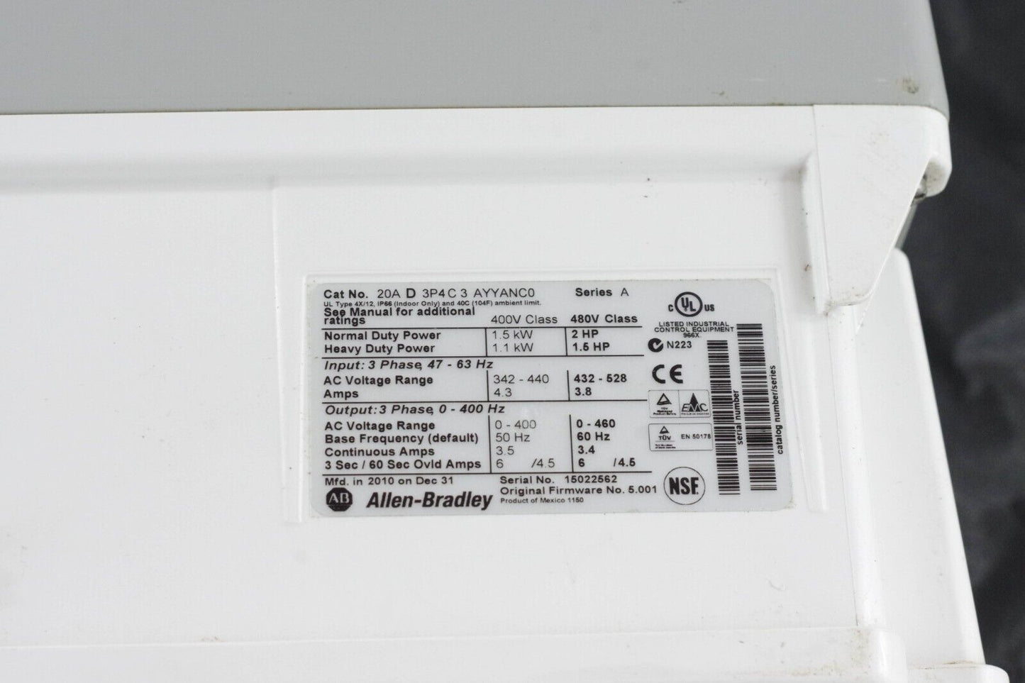 Allen Bradley 20AD3P4C3AYYANC0 / 20AD3P4C3AYYANCO Powerflex 70 Drive 2hp 3ph 480