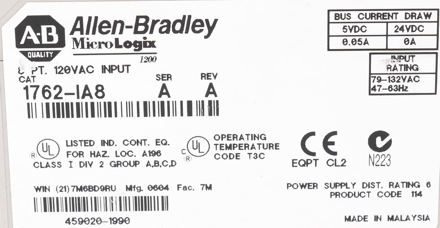 Allen Bradley 1762-IA8 /A MicroLogix 8-Point 120V Digital Input Module 1762IA8