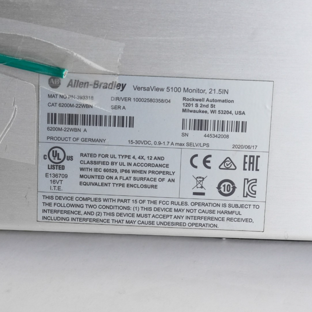 Allen Bradley 6200M-22WBN /A VersaView 5100 HMI 21.5'' Display 6200M22WBN