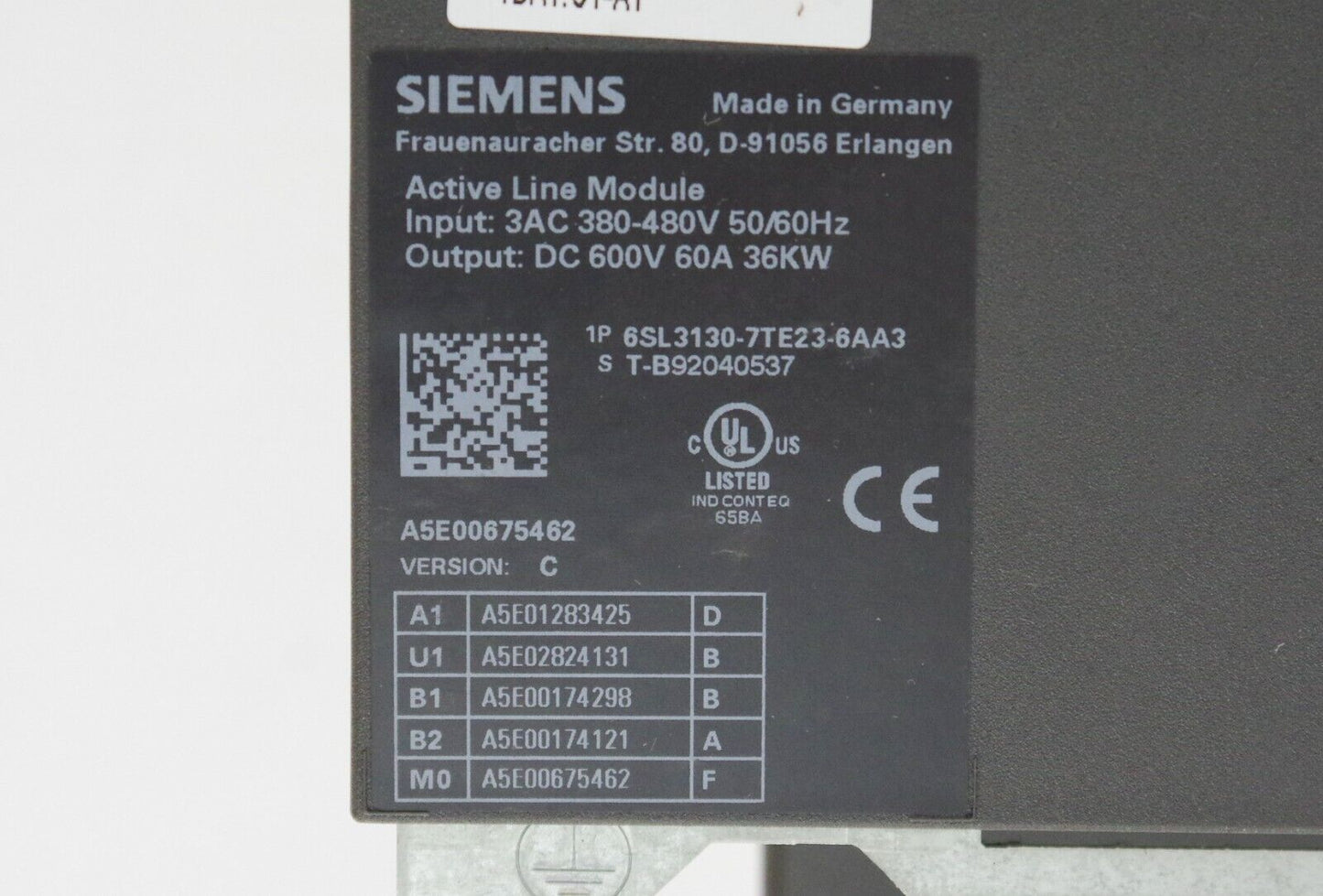 Siemens SINAMICS 6SL3130-7TE23-6AA3 Active Line Module 6SL31307TE236AA3