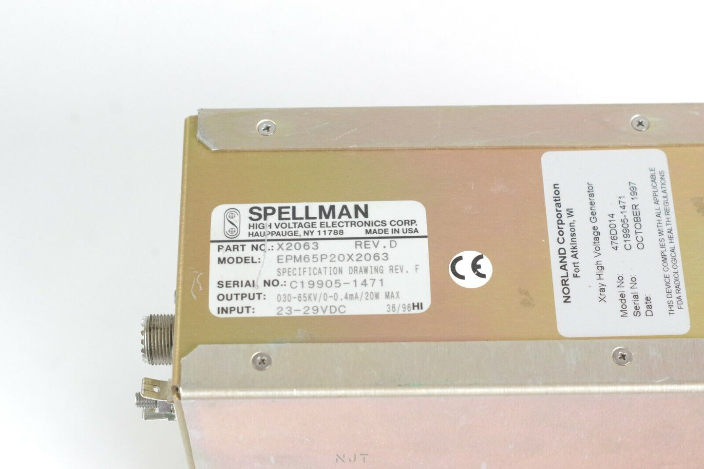 Spellman High Voltage 20W X-Ray Generator X2063 REV.D EMP65P20X2063