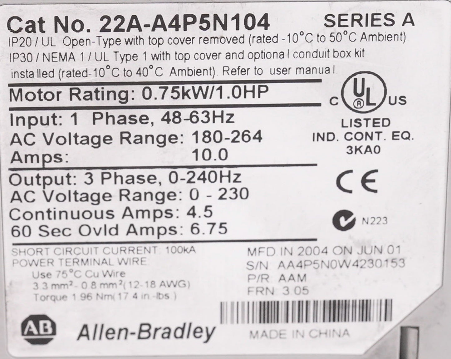 Allen Bradley 22A-A4P5N104 /A PowerFlex 4 AC Drive 3-Ph 22AA4P5N104 Used