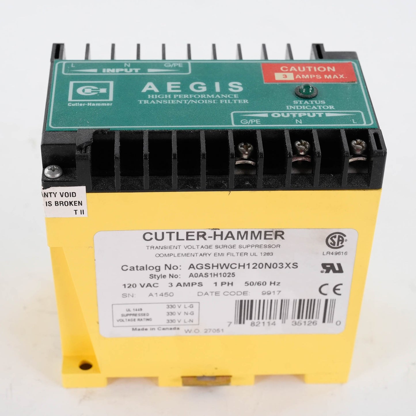 Cutler-Hammer AGSHWCH120N03XS Transient Voltage Surge Suppressor 120V 3A 50/60Hz