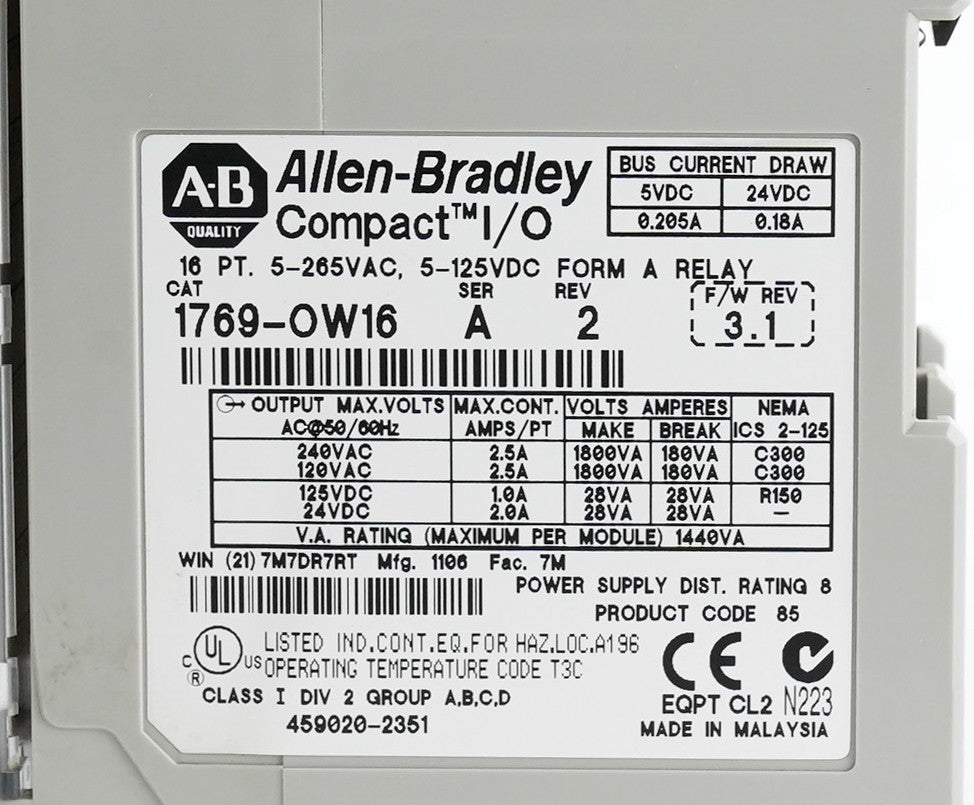 Allen Bradley 1769-OW16 /A Rev 2 Compact I/O Relay Output Module 1769OW16