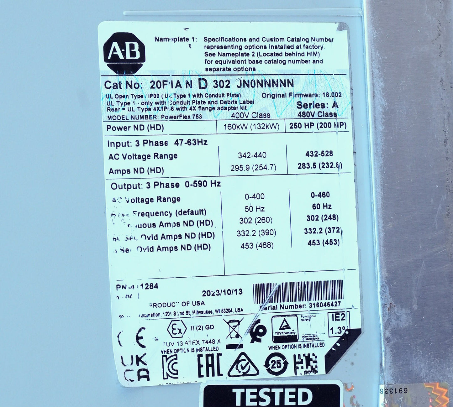 Allen Bradley 20F1AND302JN0NNNNN /A PowerFlex 753 AC Drive 480V 250HP 3-Phase