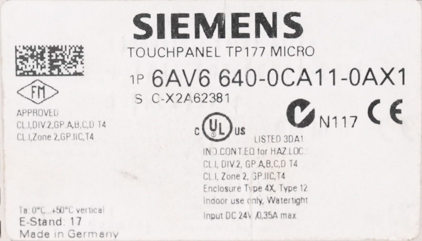 Siemens 6AV6640-0CA11-0AX1 Touchpanel TP177 Micro 6AV66400CA110AX1