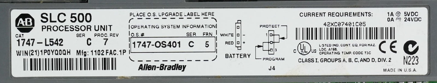 Allen Bradley 1747-L542 /C Processor Unit SLC500 Operating System 1747-OS401/C
