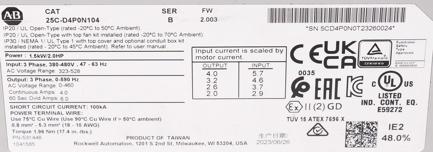 Allen Bradley 25C-D4P0N104 /B PowerFlex 527 AC Drive 480V 3-Phase 25CD4P0N104