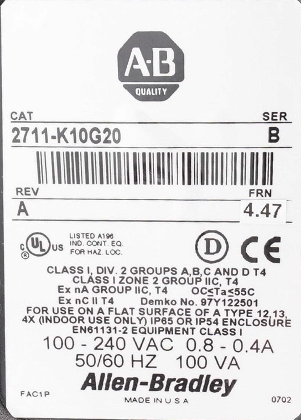 Allen Bradley 2711-K10G20 /B Rev A PanelView 1000 HMI Panel 2711K10G20