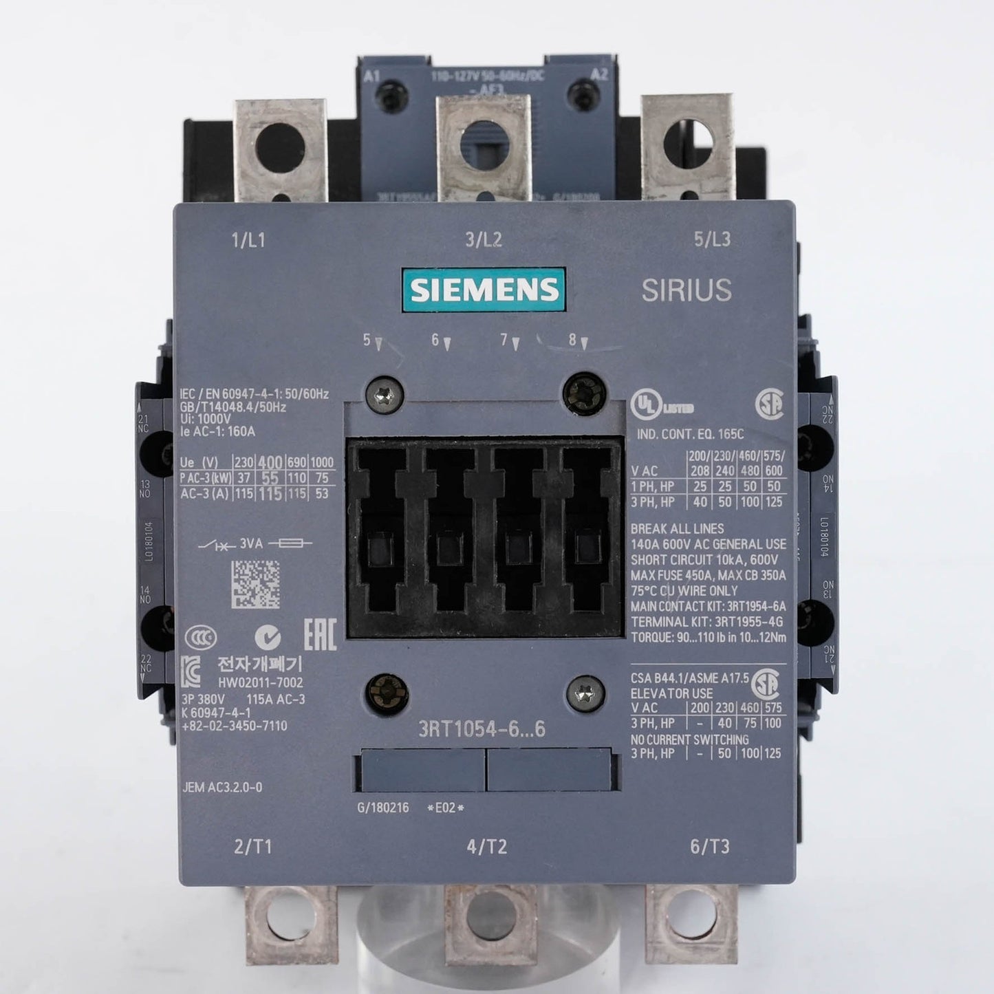 Siemens 3RT1054-6AF36 Sirius Contactor 3-Pole 115A 110-127V AC/DC 3RT10546AF36