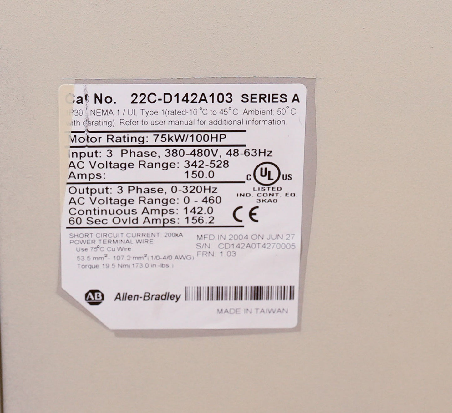 Allen Bradley 22C-D142A103 /A PowerFlex 400 AC Drive 480V 75kW 100HP + 1 Yr WTY