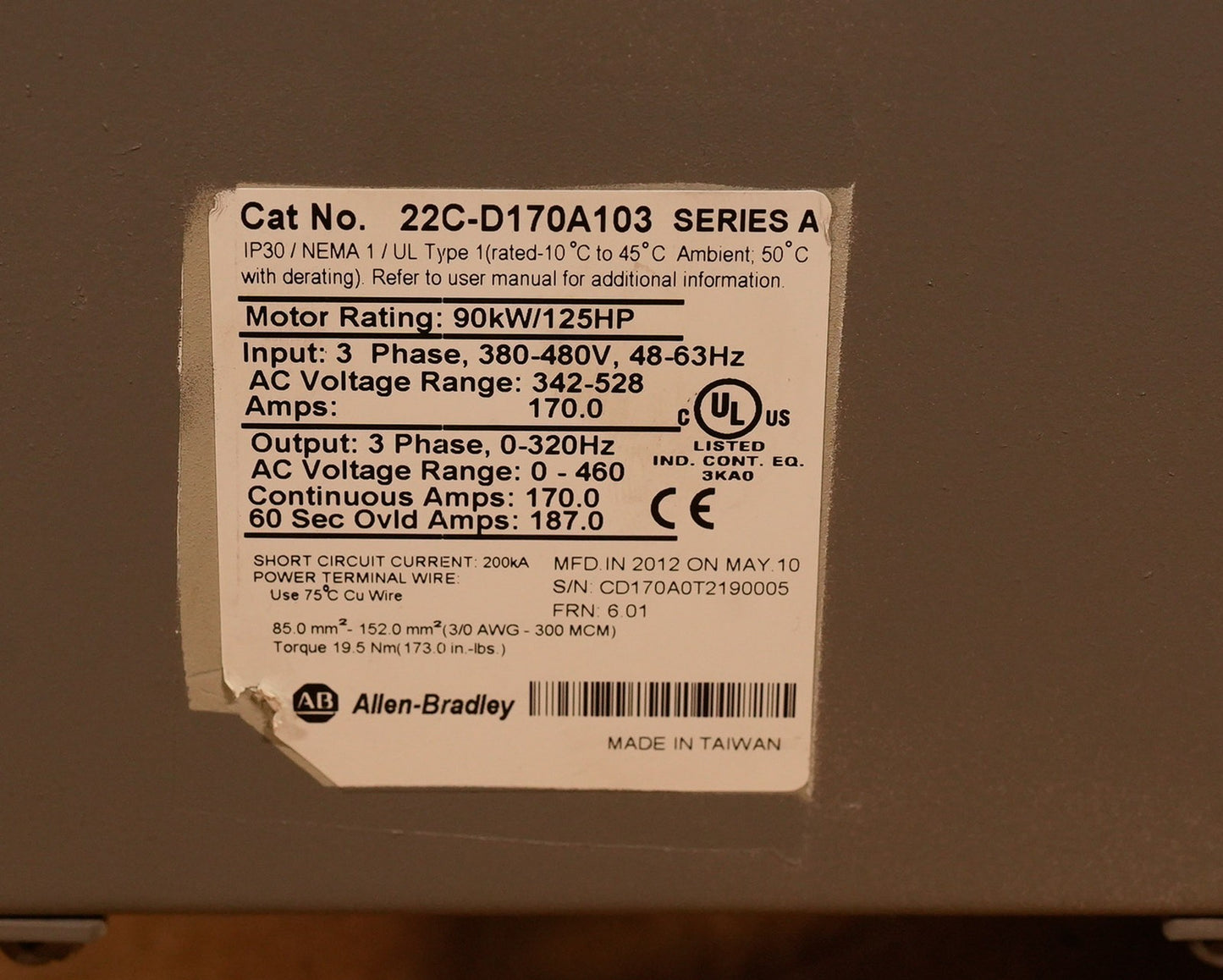 Allen Bradley 22C-D170A103 PowerFlex 400 Drive 480V 125HP 22CD170A103 + Warranty