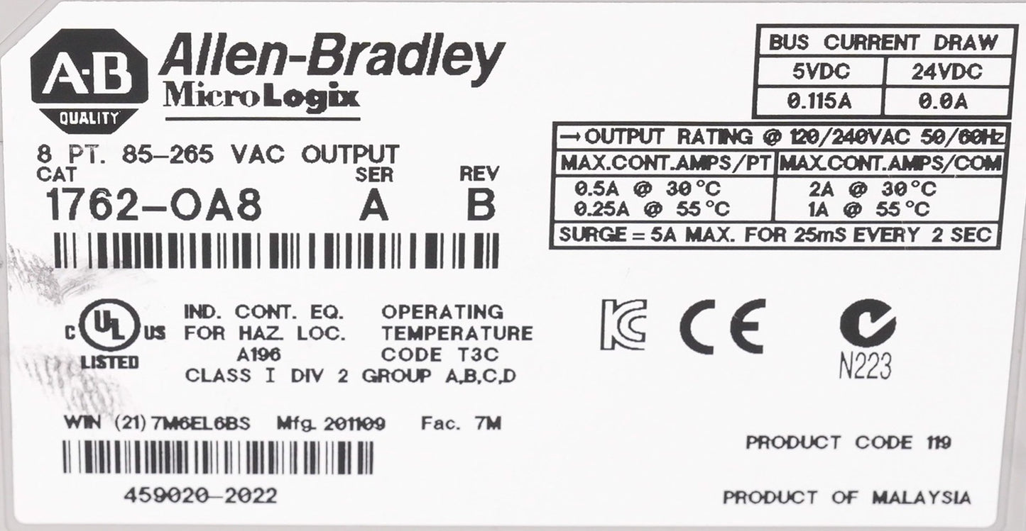 Allen Bradley 1762-OA8 /A Rev B MicroLogix 8 Point Output Module 1762OA8