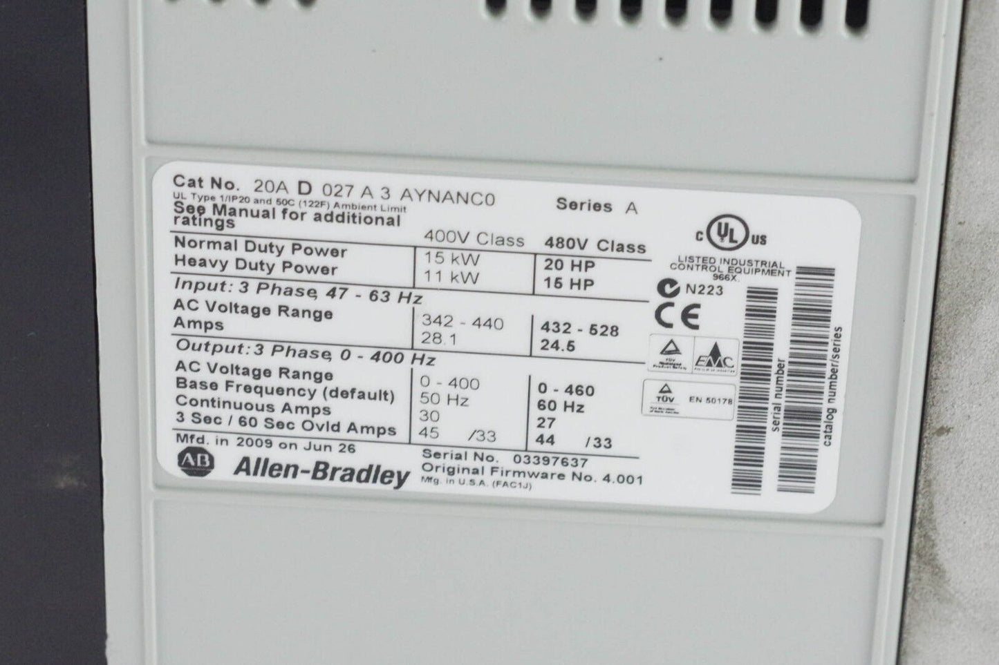 Allen Bradley 20AD027A3AYNANC0 /A PowerFlex 70 AC Drive 15kW 20HP