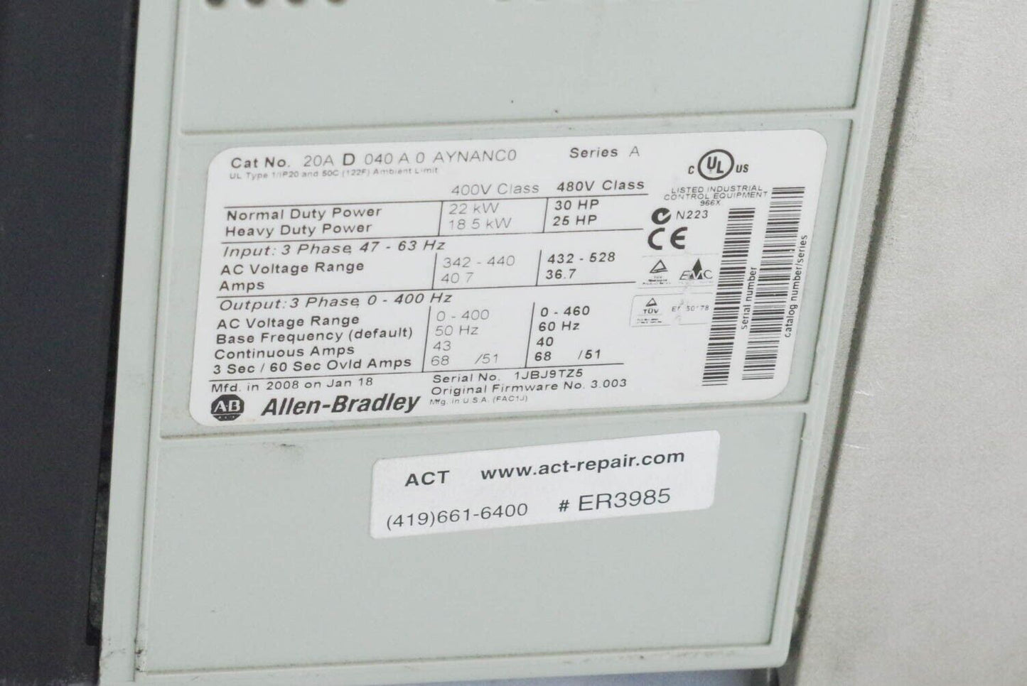 Allen Bradley 20AD040A0AYNANC0 Ser A PowerFlex 70 30HP / 20A D 040 A 0 AYNANC0