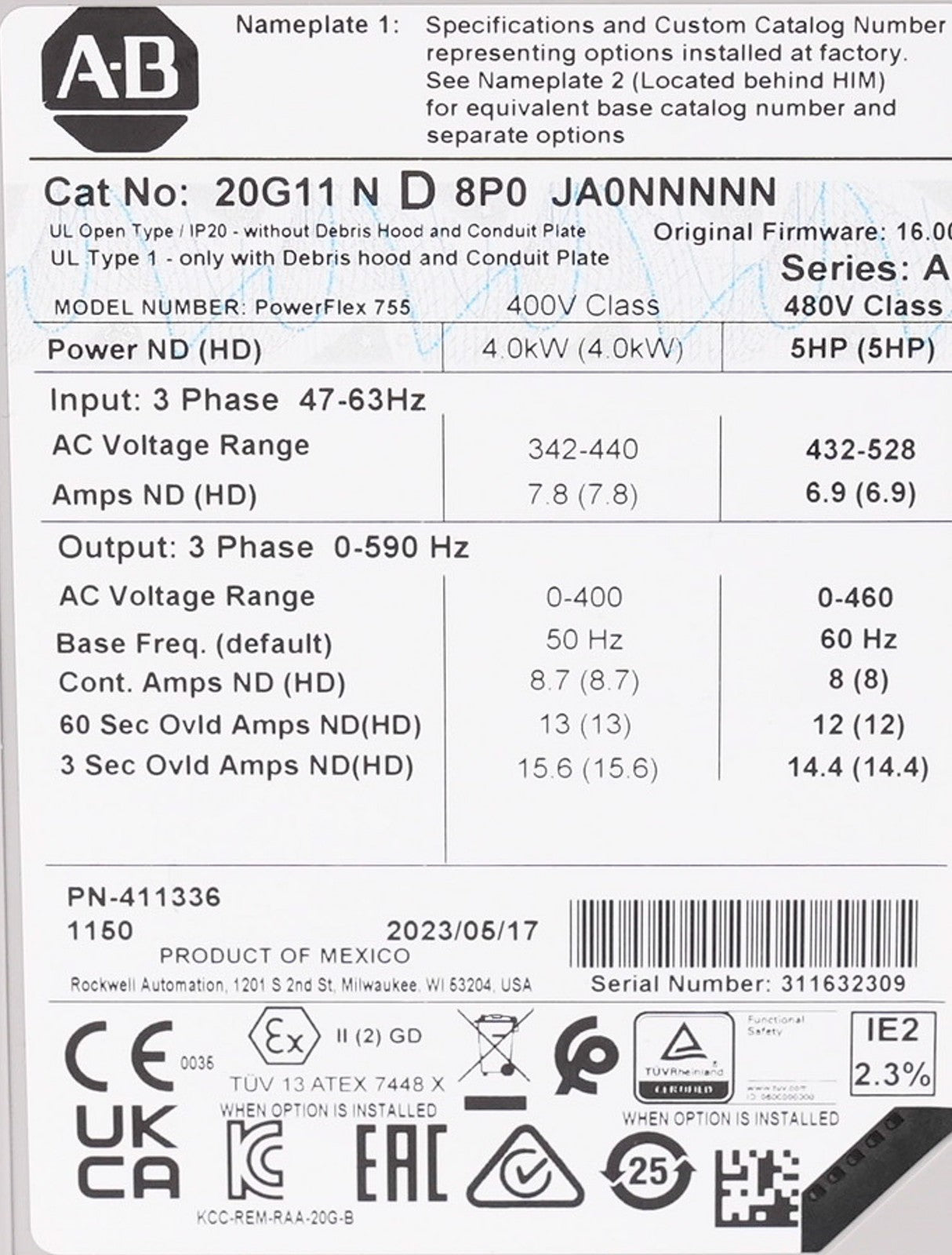 Allen Bradley 20G11ND8P0JA0NNNNN /A PowerFlex 755 AC Drive 480V 5HP - Open Box
