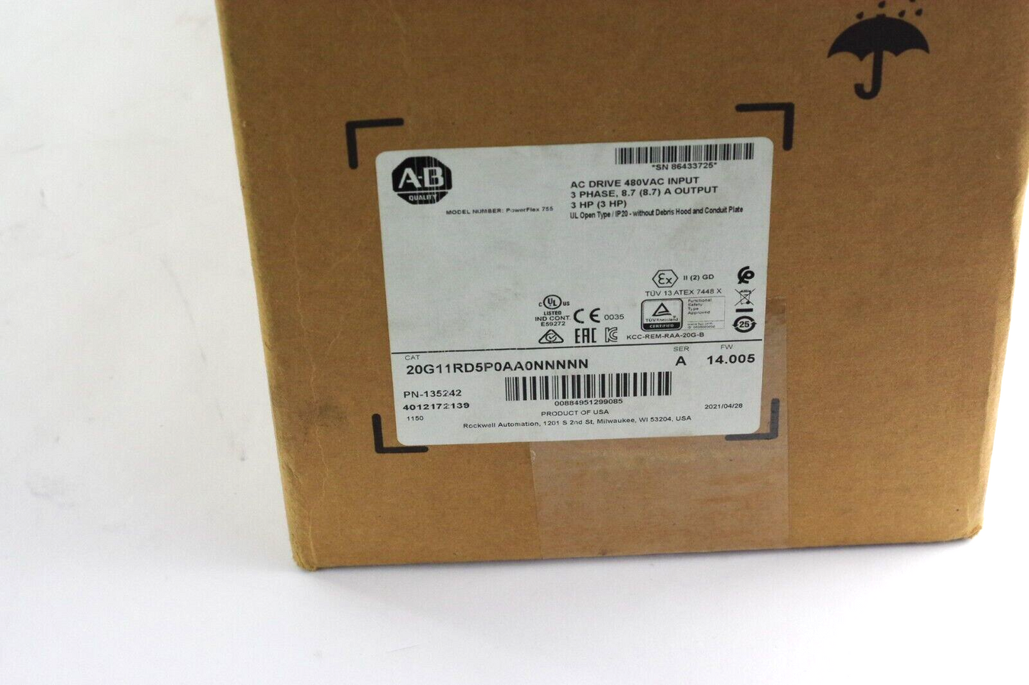 Allen Bradley 20G11RD5P0AA0NNNNN /A PowerFlex Air Cooled 755 AC Drive 3hp Sealed